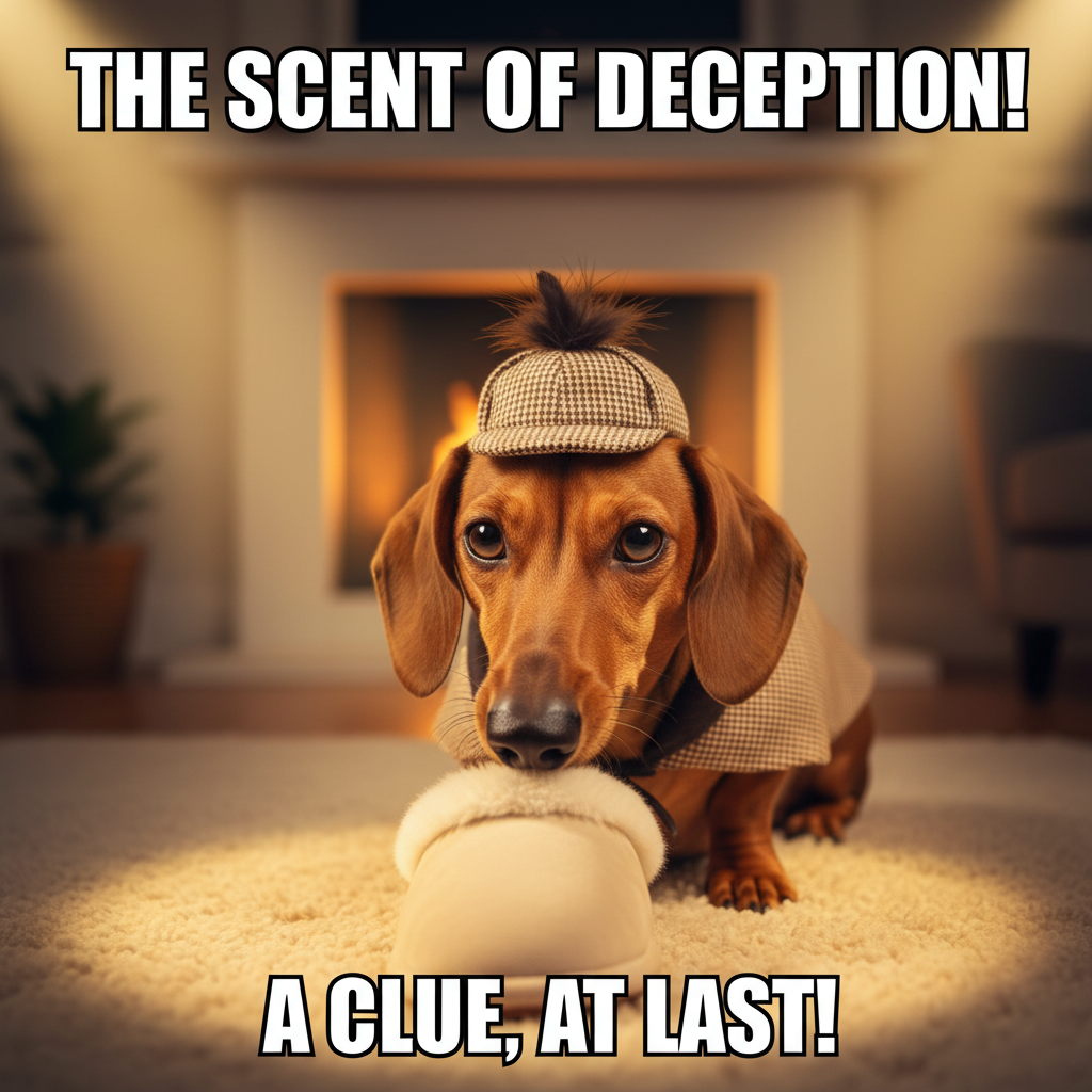 Theatrical dachshund dramatically sniffing a slipper