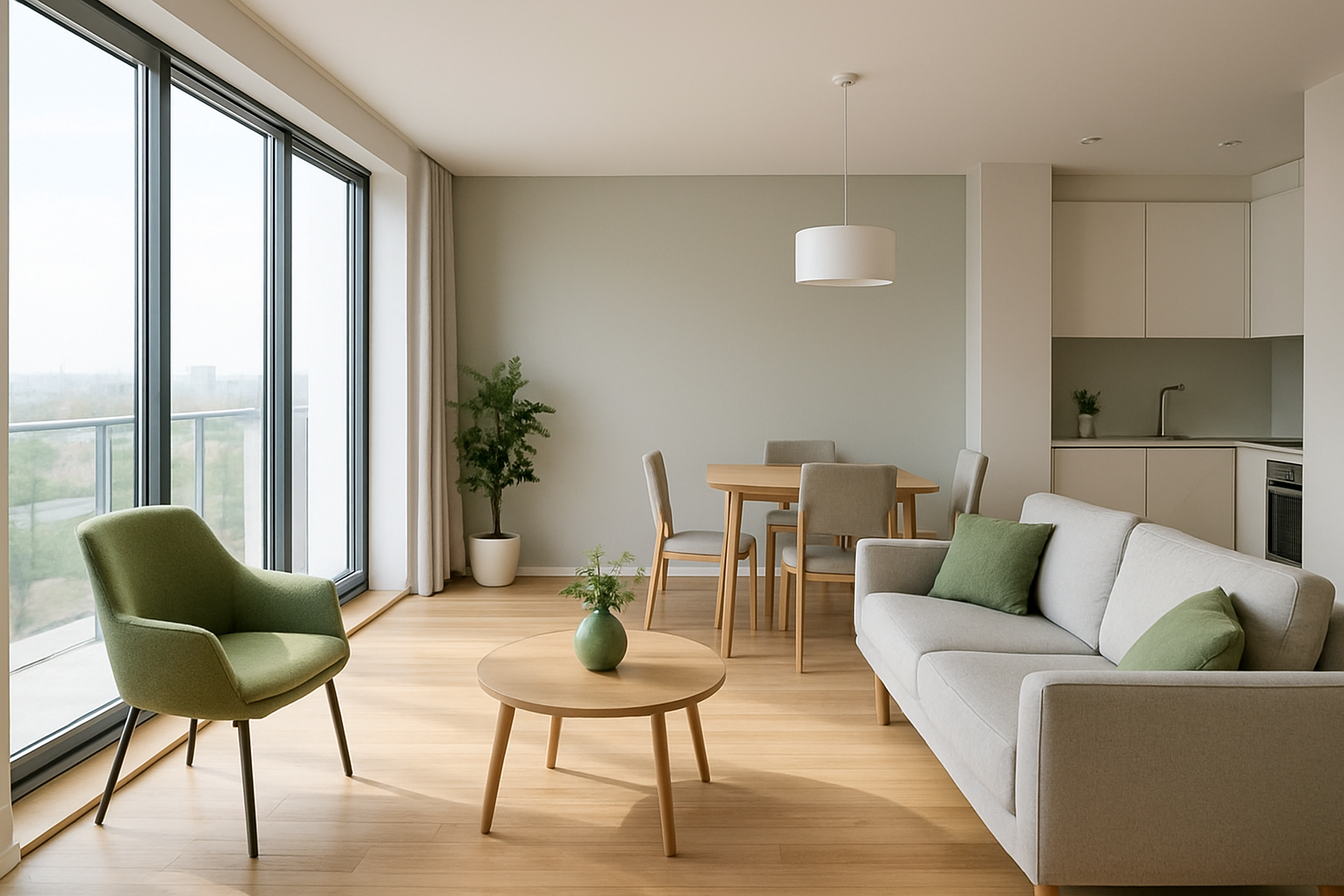 Bright modern Kharkov apartment interior with large windows, light wood floors, and green accent decor