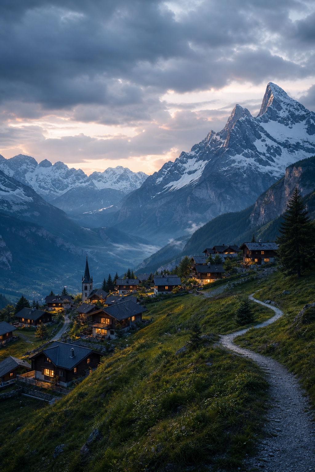 Misty alpine village nestled among panoramic snow-capped mountains at dusk