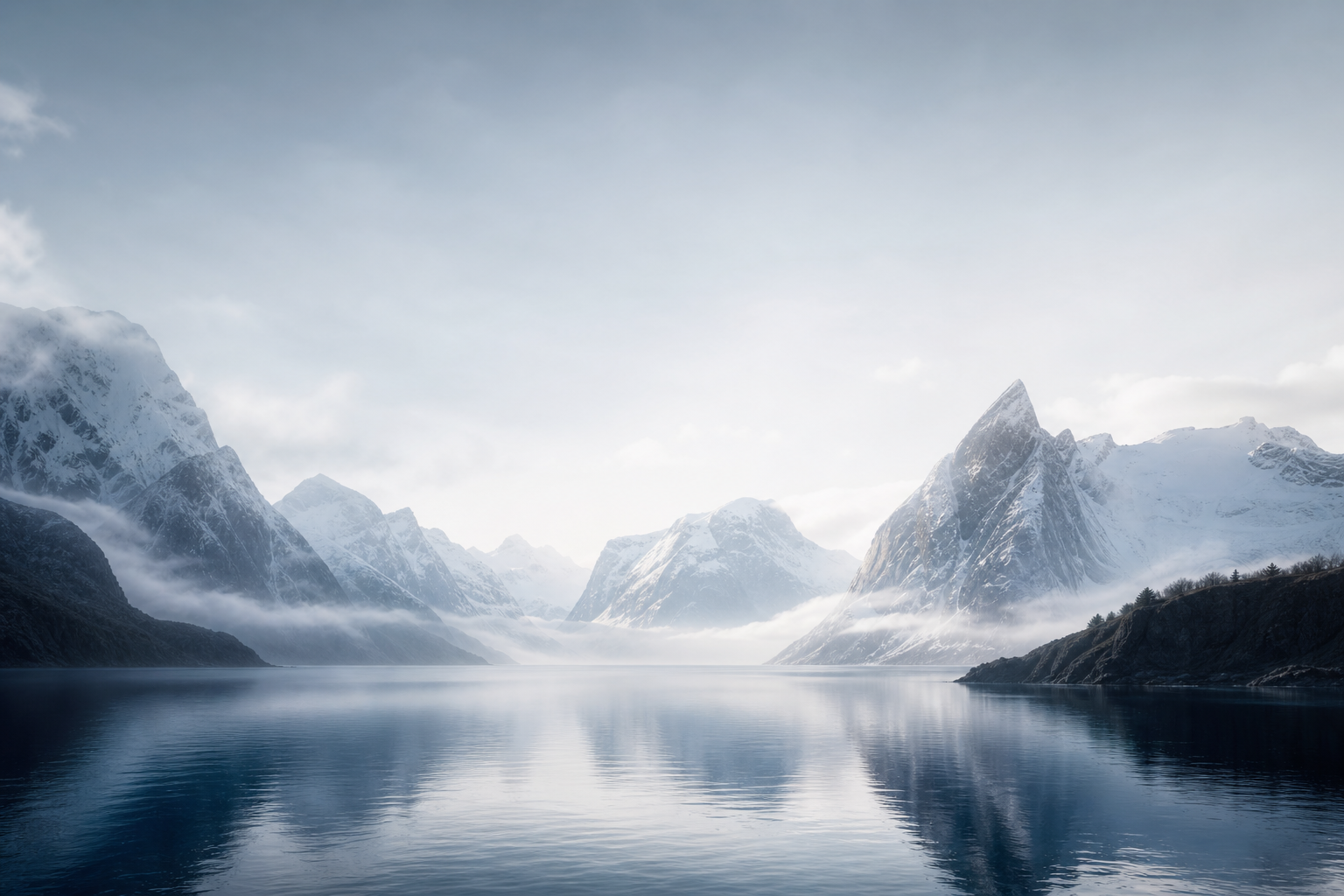 Misty fjord landscape with deep blue water, snow-dusted peaks, and soft morning light