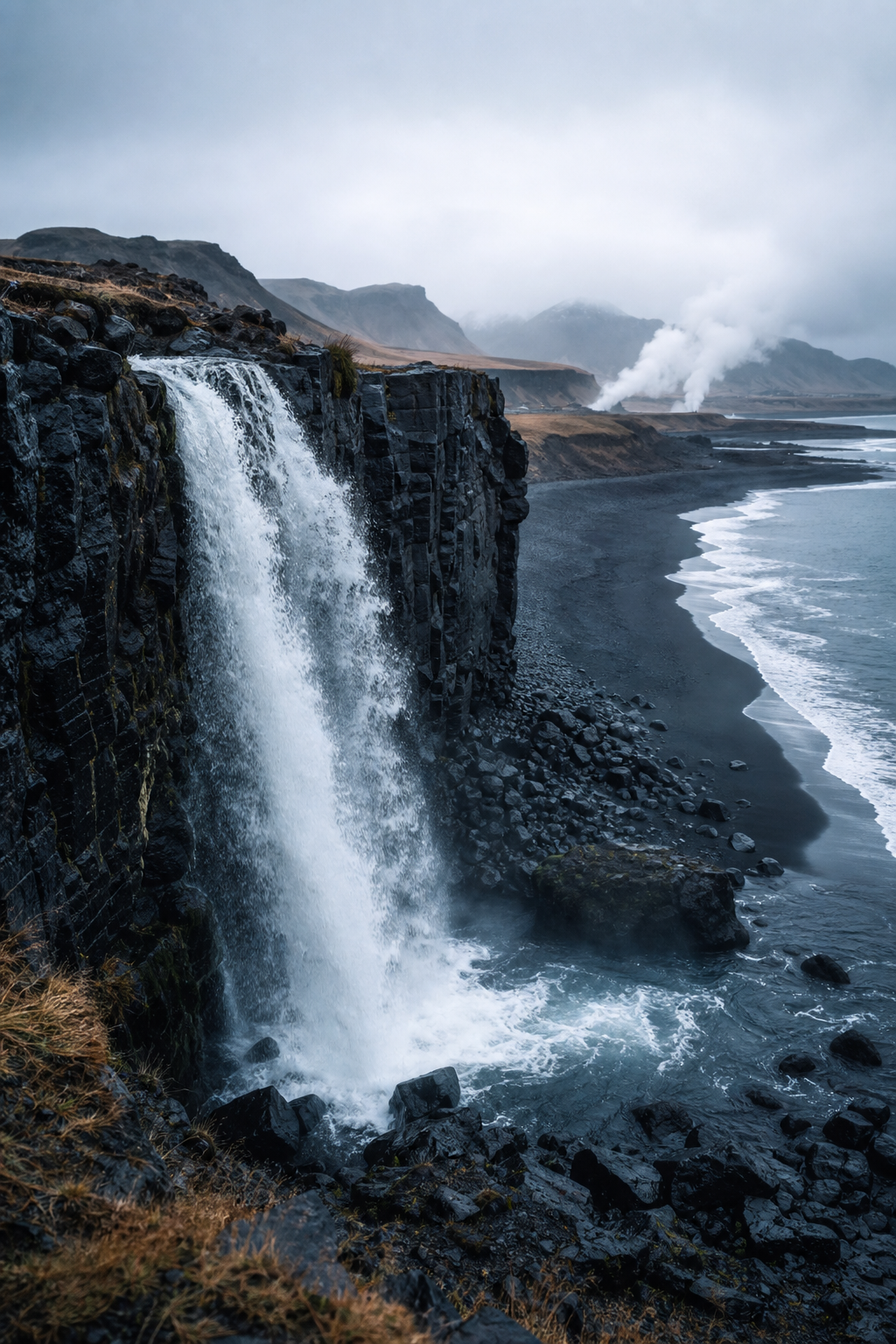 Icelandic waterfall cascading over black volcanic rock near a geothermal lagoon