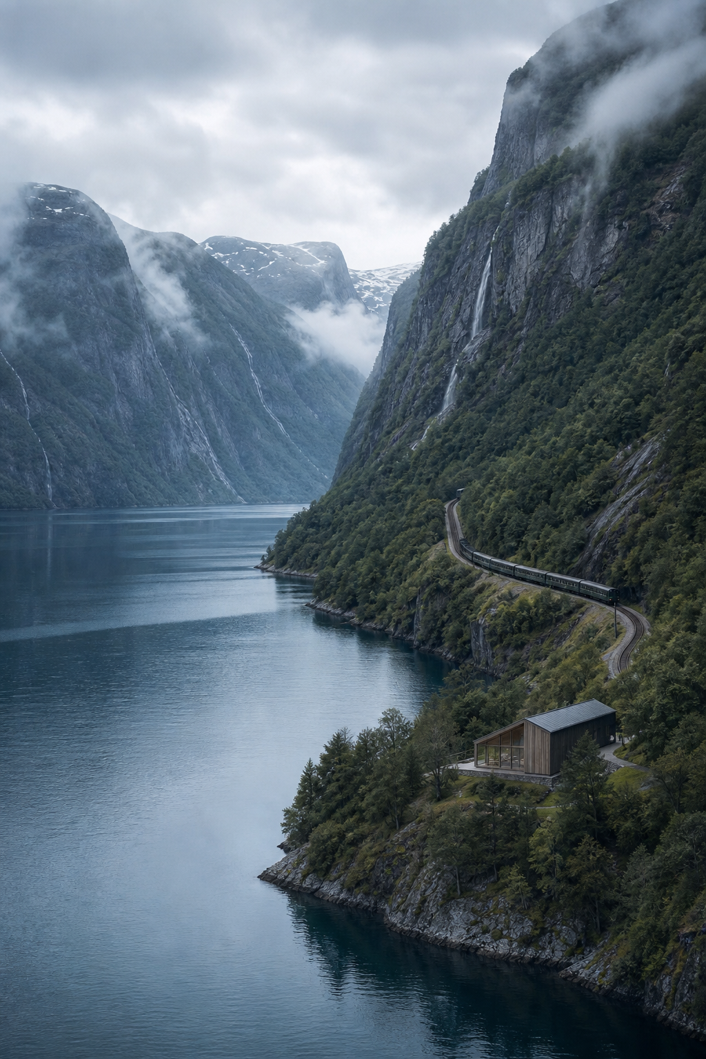 Deep blue Norwegian fjord surrounded by steep green mountains with a scenic railway