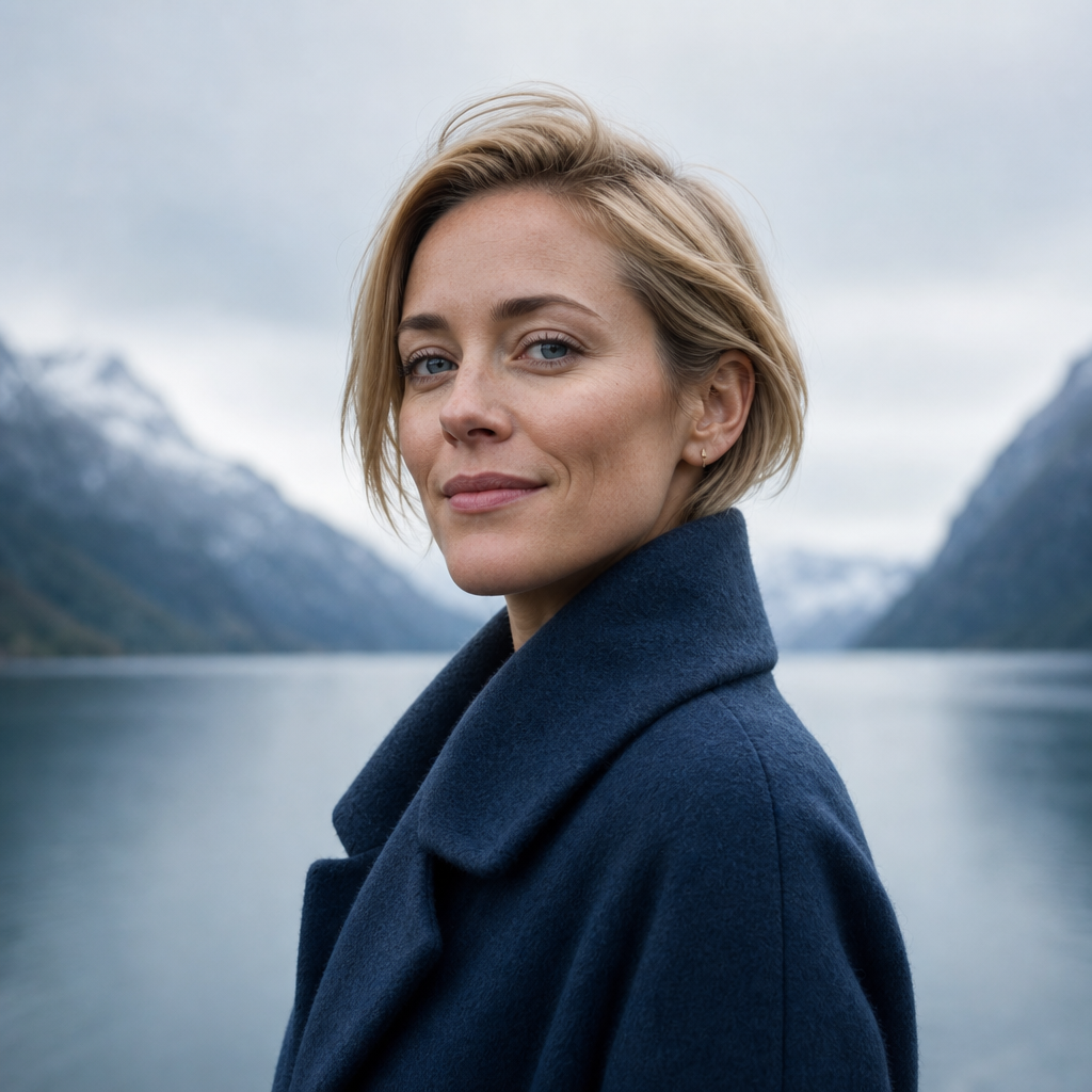 Portrait of Sarah Whitfield, a solo traveler who explored Norway's fjords