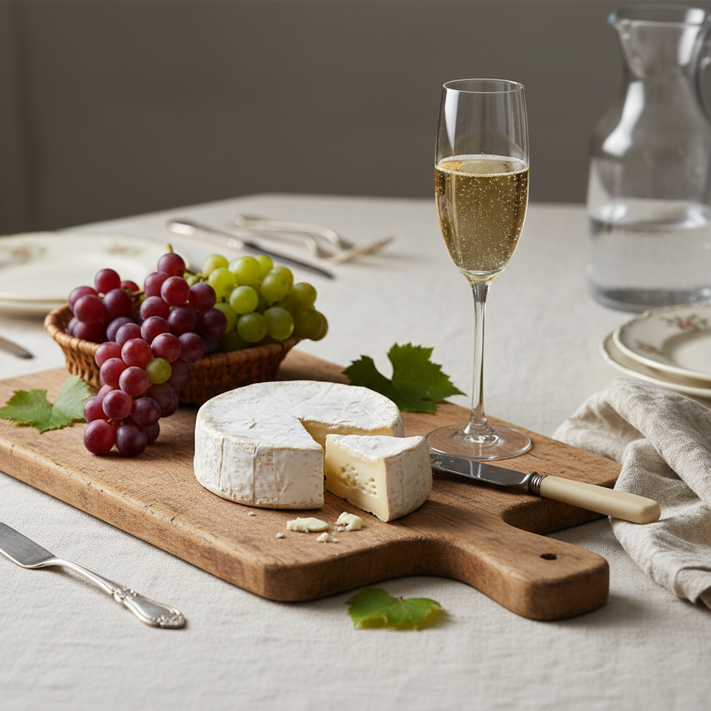 Brie cheese wedge and glass of Champagne on rustic board