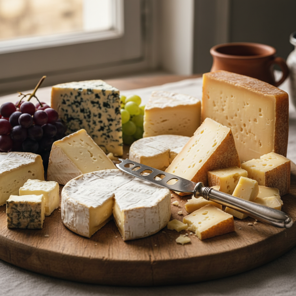 Variety of French cheeses on wooden board