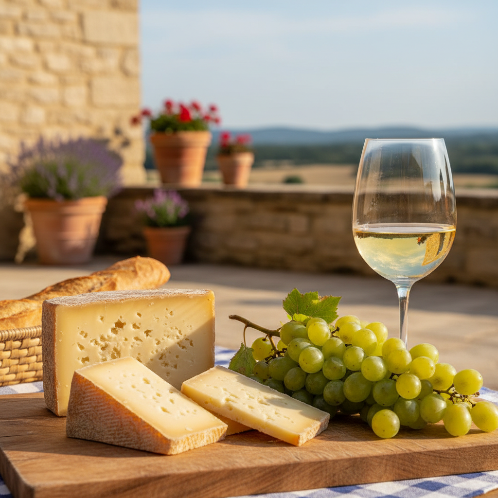 Comté cheese slices and glass of Chardonnay with grapes