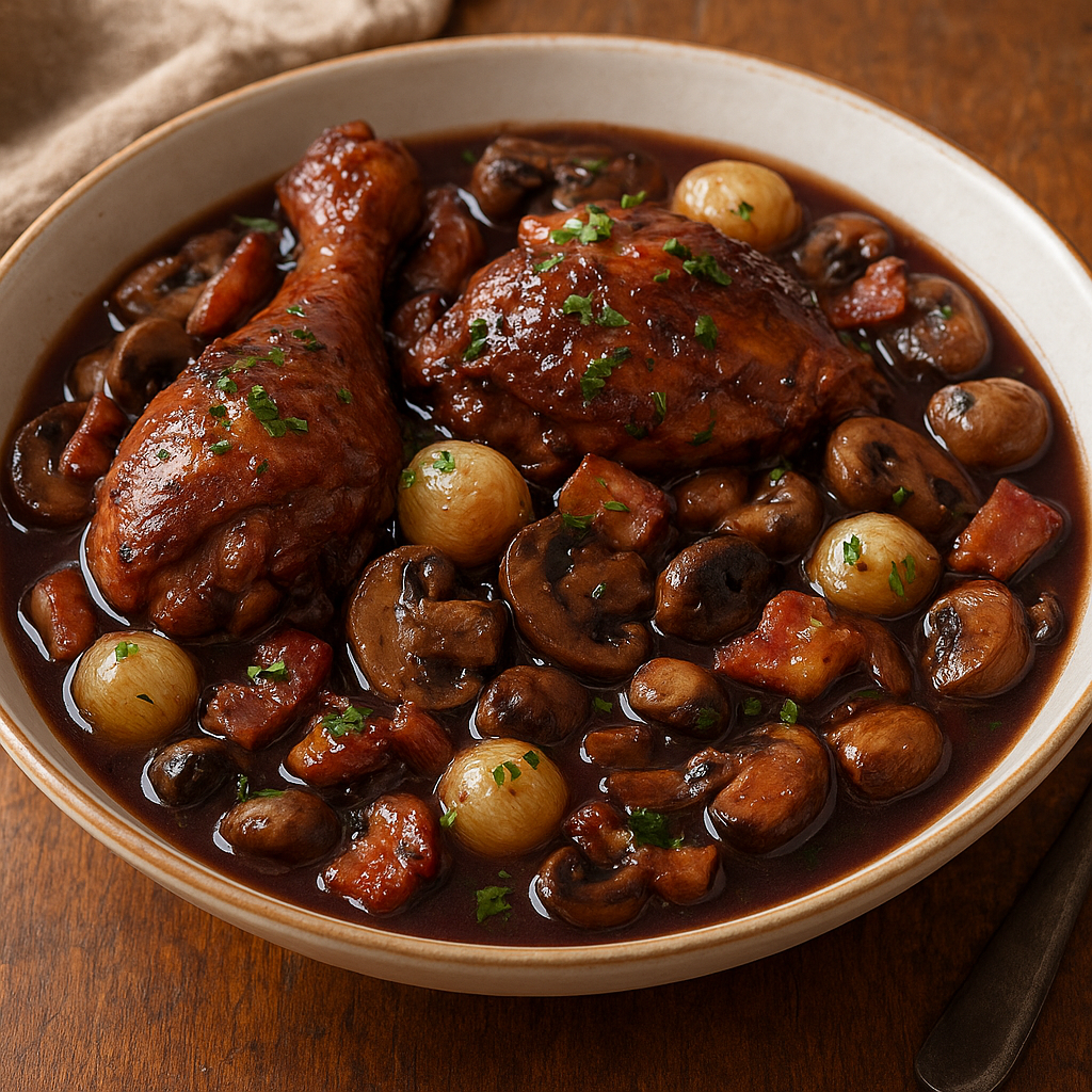 French coq au vin with braised chicken, mushrooms, pearl onions, and red wine sauce