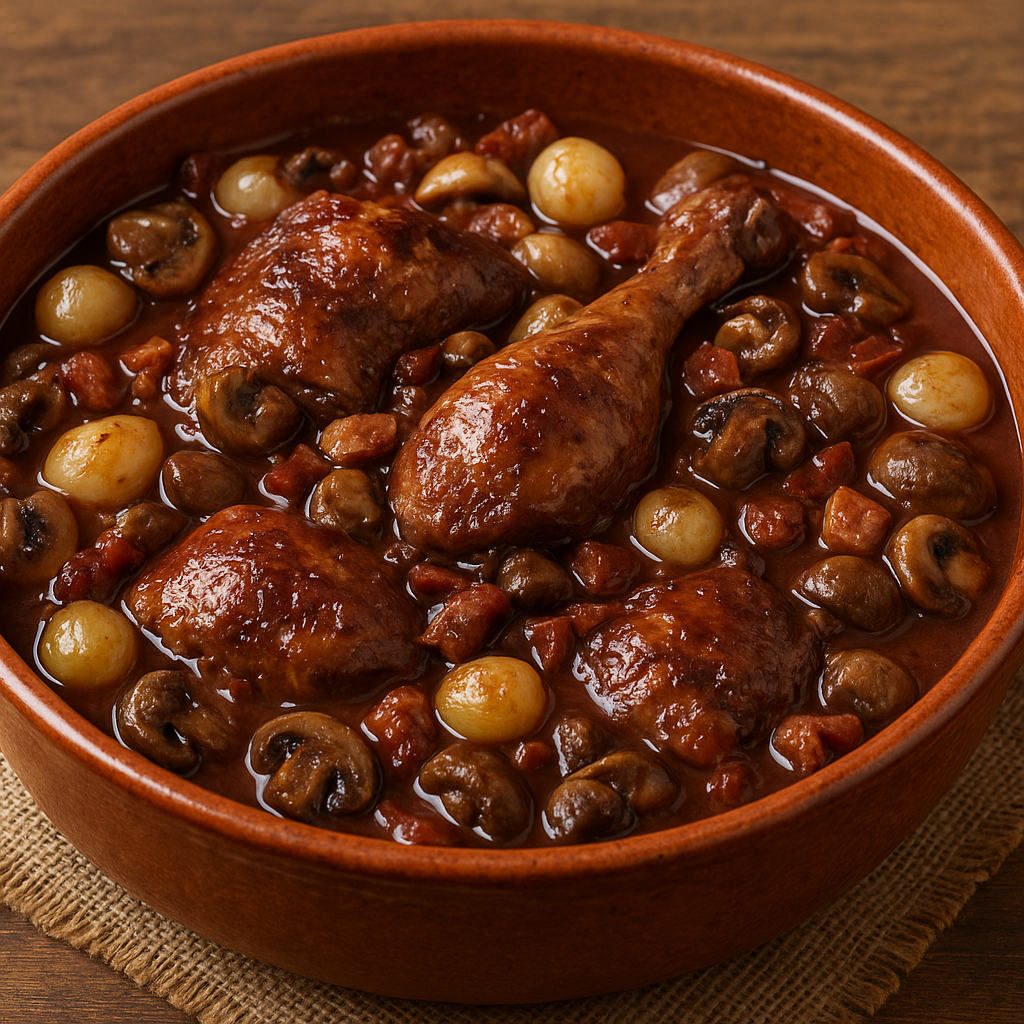 Coq au vin - Burgundy chicken stewed in wine