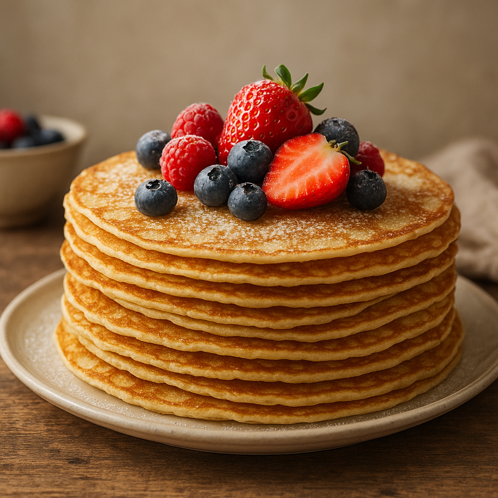 Stack of golden French crêpes with berries and powdered sugar