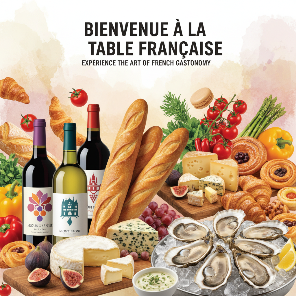 Collage of French wine bottles, baguettes, cheeses, oysters, pastries, and fresh produce