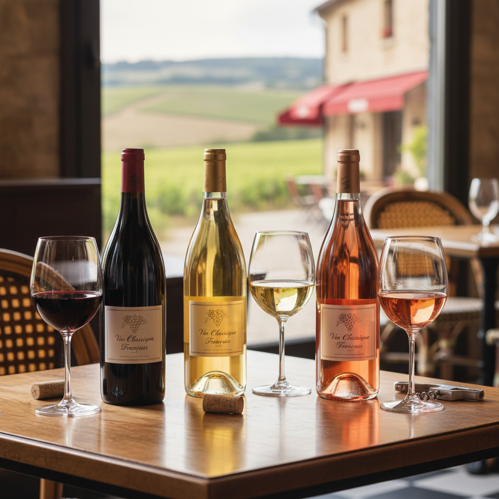 Assortment of French wine bottles and glasses