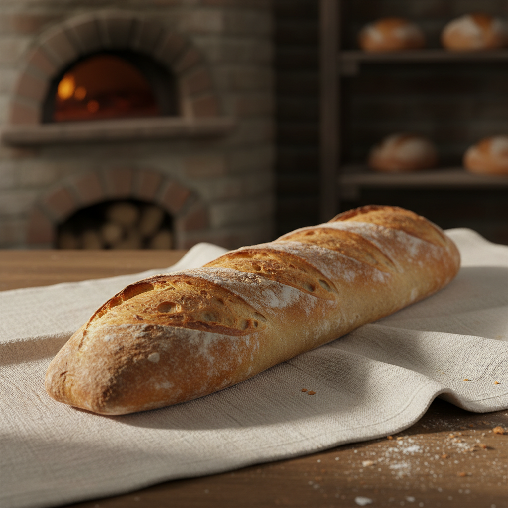 Freshly baked French baguette resting on linen