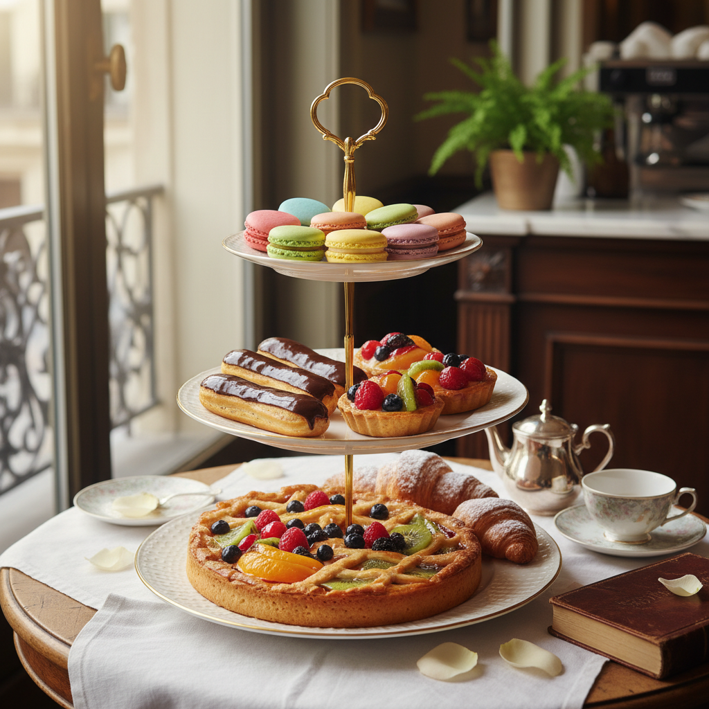 Elegant Parisian pastries on a cake stand