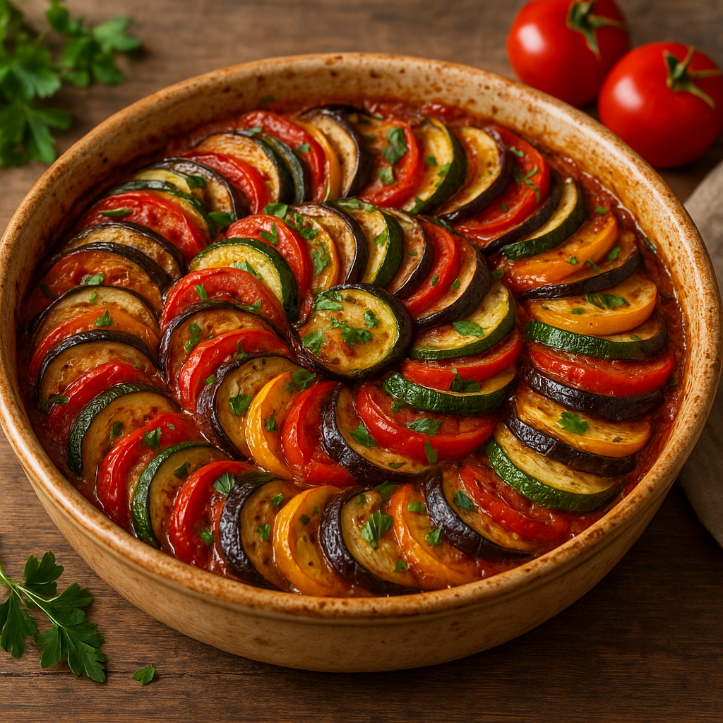 Colorful Provençal ratatouille in a rustic dish featuring tomatoes, eggplant, and zucchini