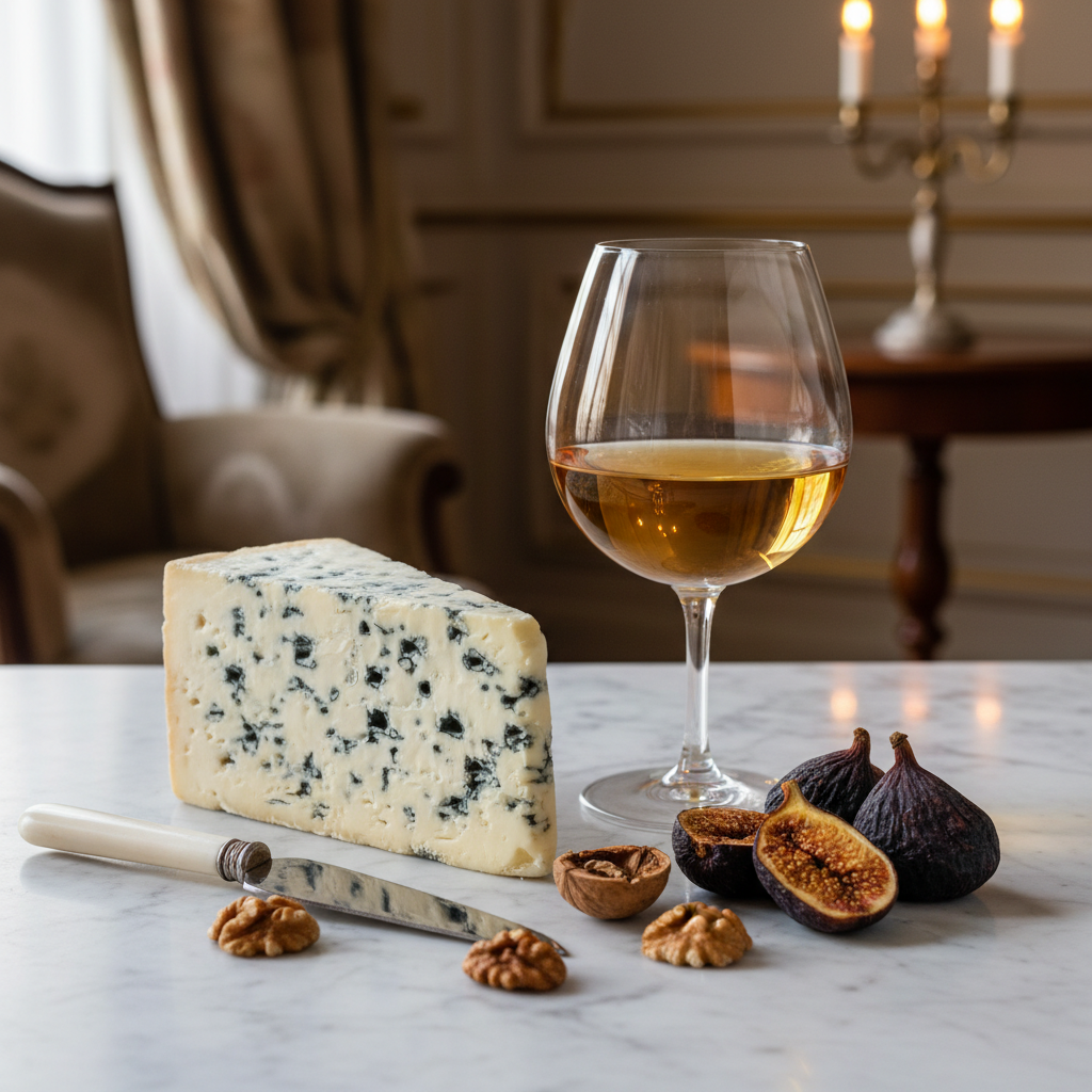 Roquefort cheese with a glass of golden Sauternes dessert wine
