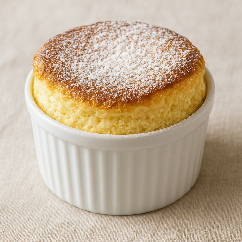 Golden, airy French soufflé in a ramekin dusted with powdered sugar