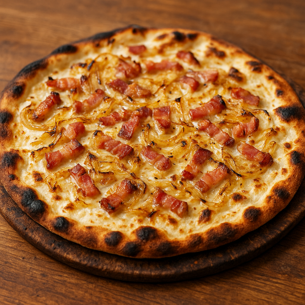 Tarte flambée - Alsatian flatbread with bacon and onion