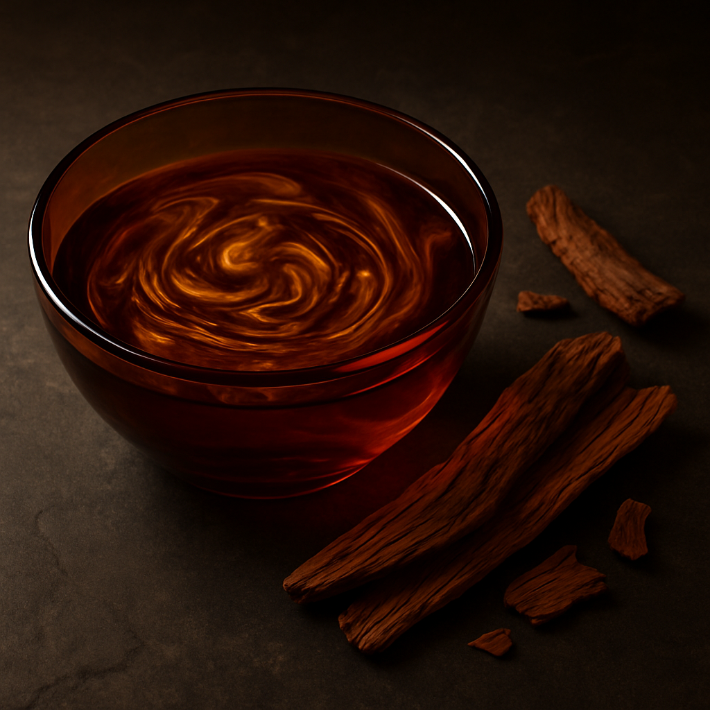 Deep amber glass bowl with swirling resin and cedar bark on a dark stone surface