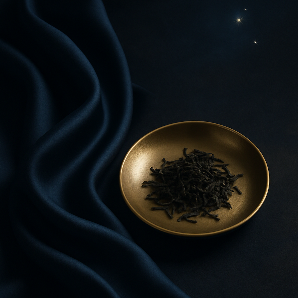 Midnight blue silk fabric draped beside a small brass tray with dark tea leaves and starry accents