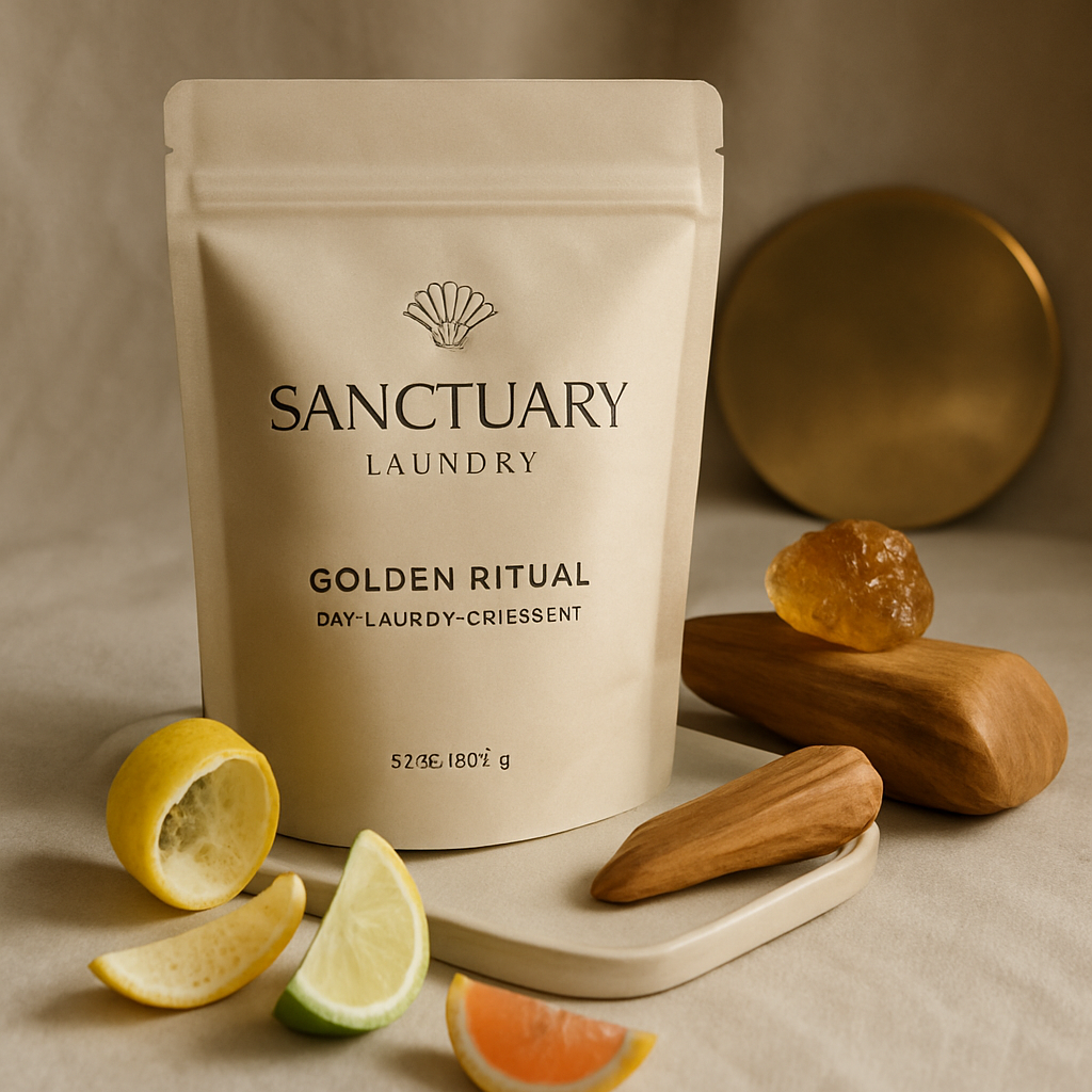Luxurious still-life of Sanctuary Laundry Golden Ritual detergent bag with citrus peels, amber resin, and warm sandalwood accents on neutral linen.