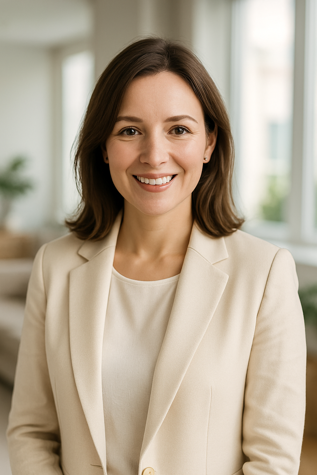 Portrait of Olha Melnyk, Kyiv real estate agent, smiling warmly in professional attire