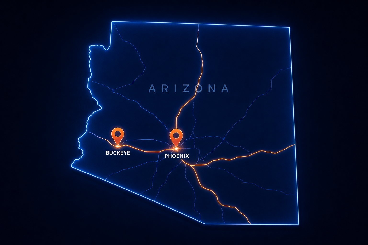 Minimalist Arizona map silhouette in deep navy with glowing route lines and location pins, clean corporate-tech style