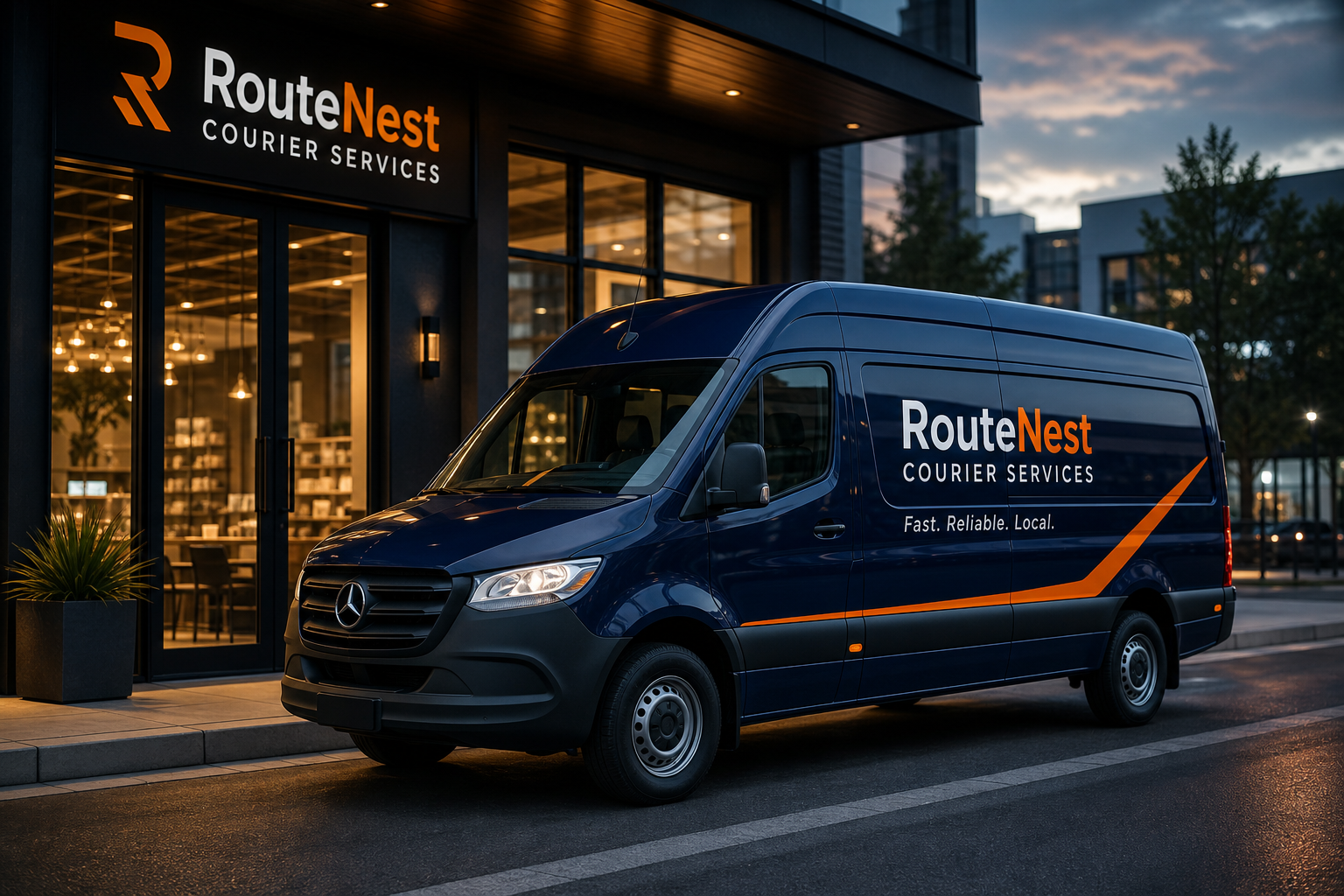 Modern navy courier van with orange accent stripe parked beside a clean urban storefront at dusk, sleek and premium
