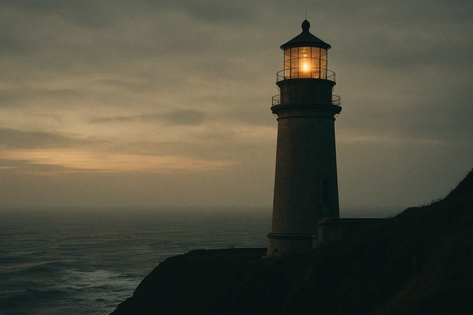 Northern-coast lighthouse at dusk, signature heritage image, full-bleed background