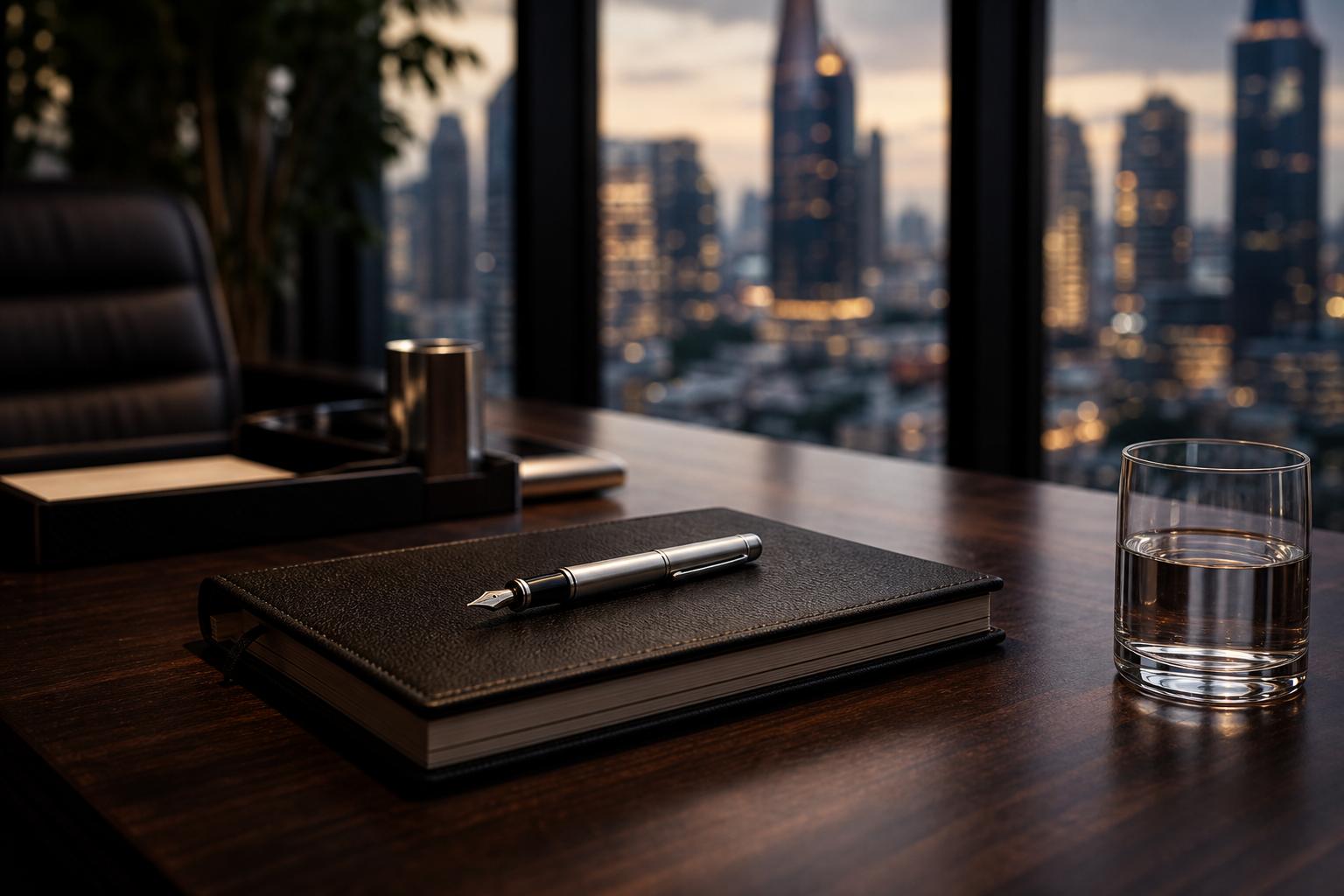 Refined corporate workspace with a leather notebook, fountain pen, and a city skyline at dusk in the background