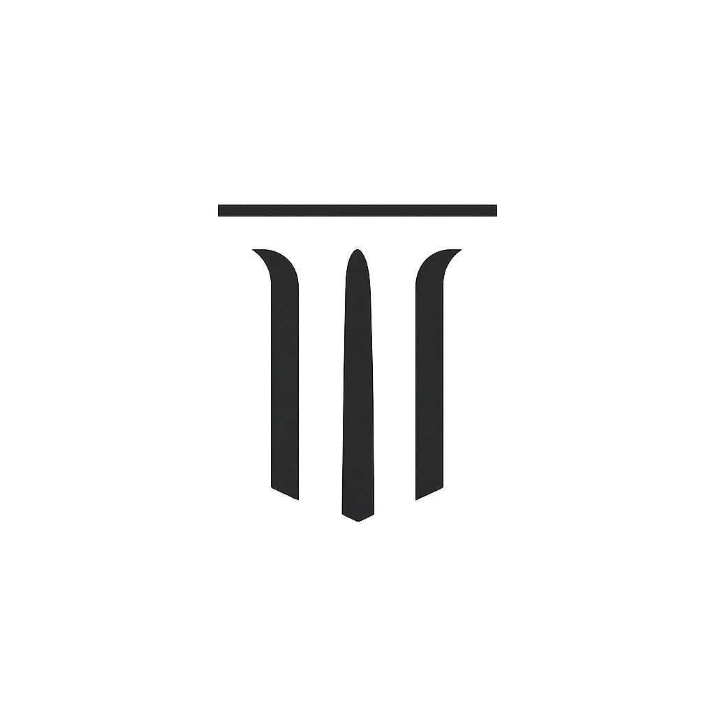 Vertical pillar-inspired mark with three tapered columns and a small top bar