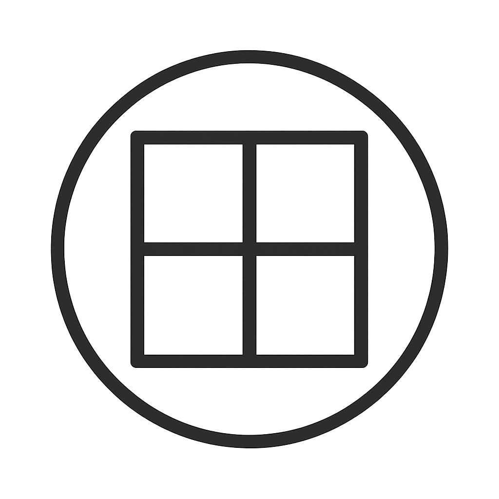 Geometric quadrant badge with four balanced squares and a thin outer ring