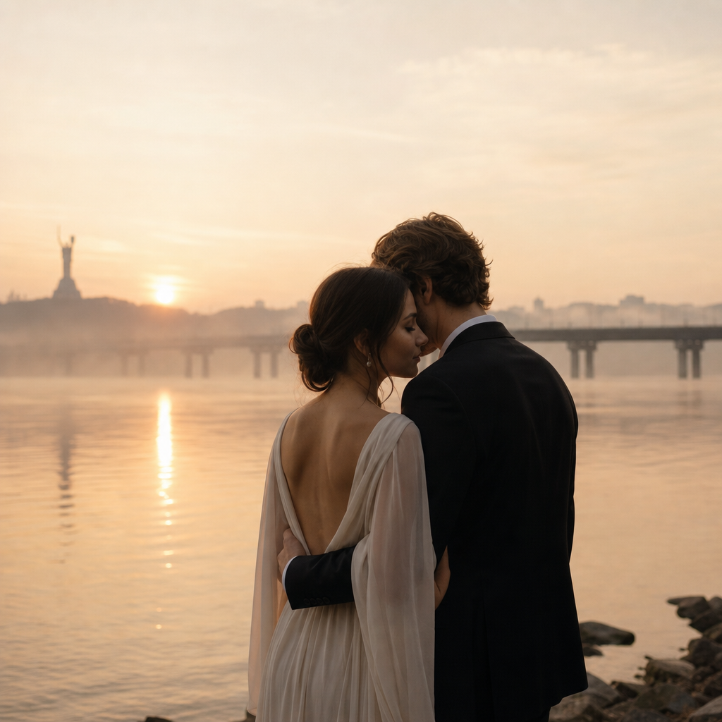 Couple embracing by the Dnipro river at sunrise, soft mist and muted gold light