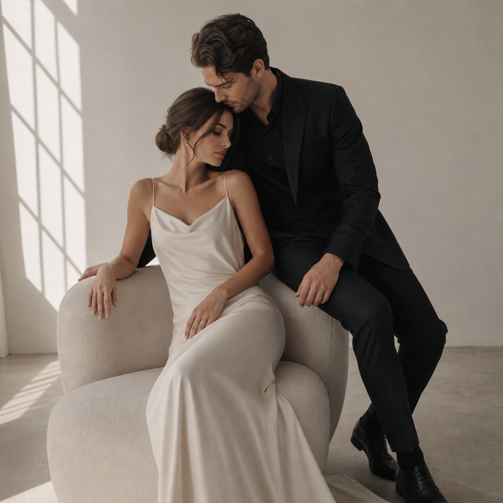 Elegant couple in minimalist studio, charcoal tones with soft window light
