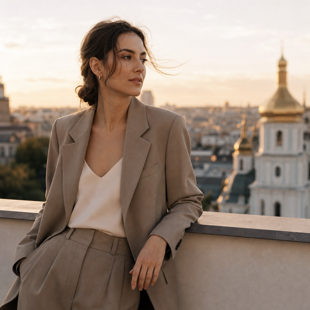 Editorial portrait of a woman in tailored suit on Kyiv rooftop, golden dusk light