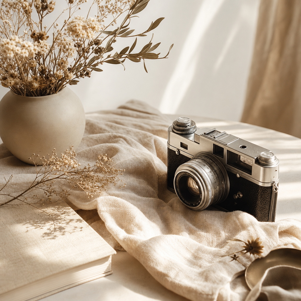 Editorial still life with linen textures, dried florals, and vintage camera on warm table