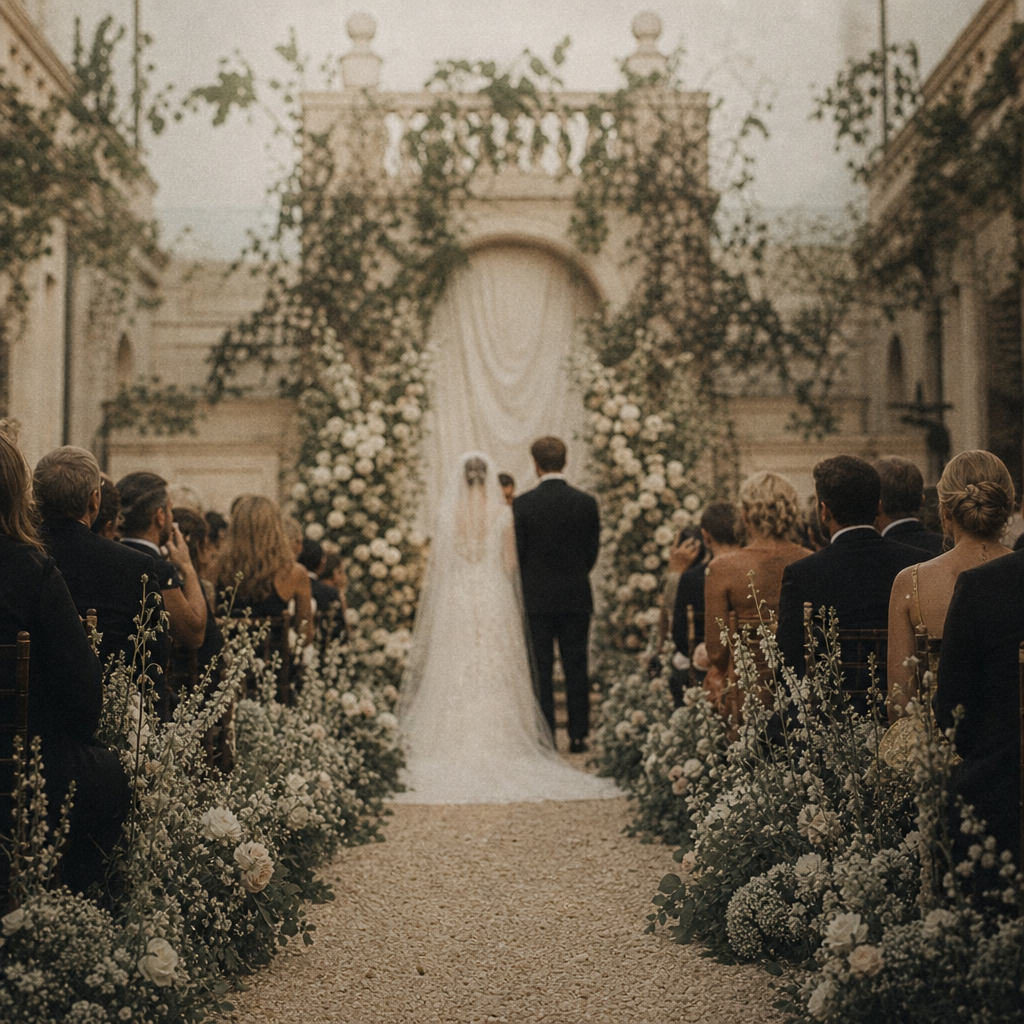 Film-style ceremony aisle with soft grain and muted tones, guests blurred in background