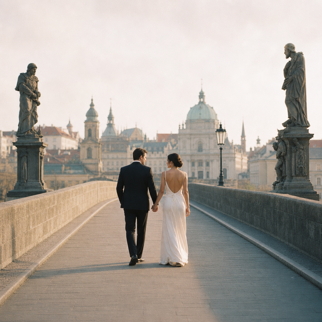 35mm film shot of a couple walking across an arched bridge, subtle grain and soft highlights