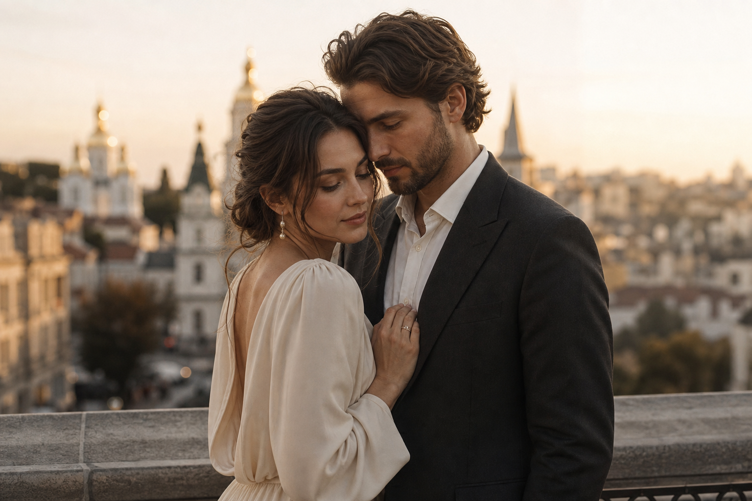 Cinematic portrait of a couple in Kyiv at golden hour, softly lit with an elegant, editorial mood