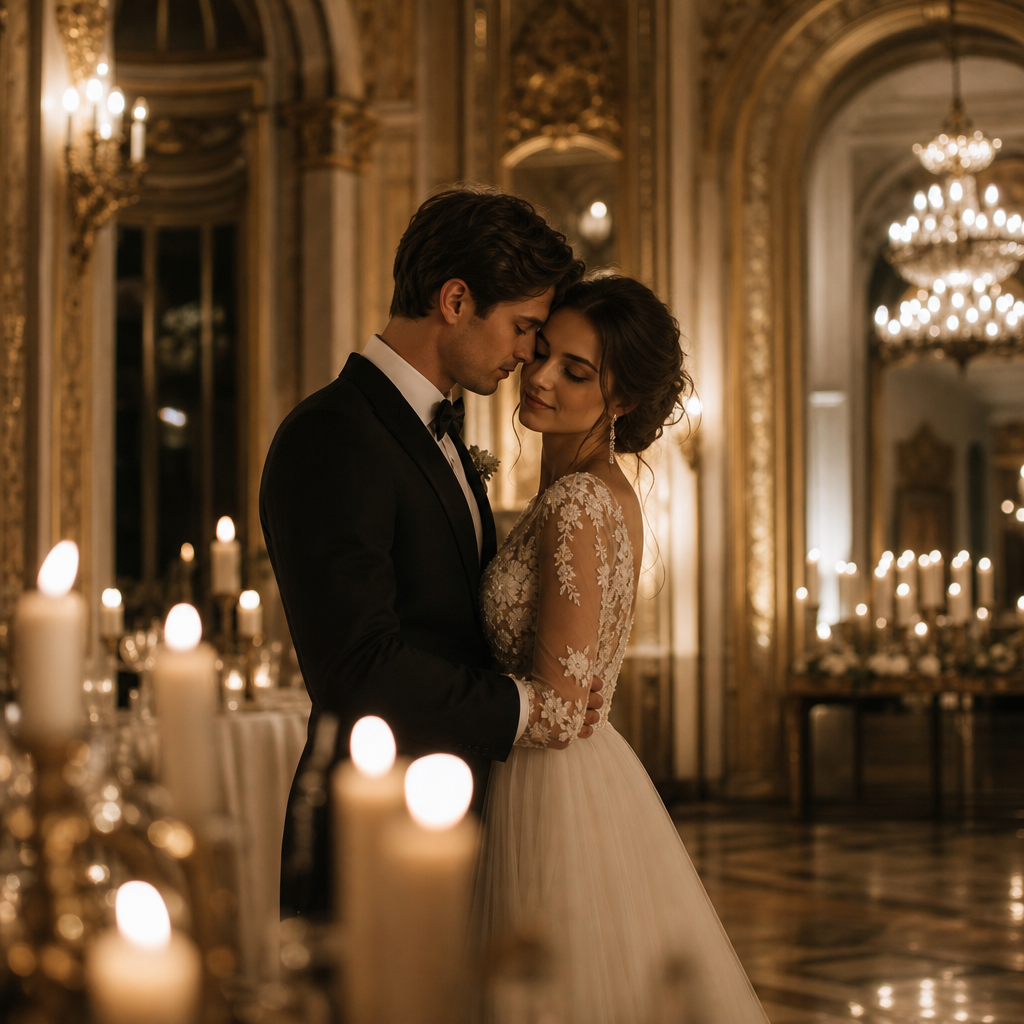 Bride and groom in a candlelit Kyiv ballroom, warm gold light and soft shadows