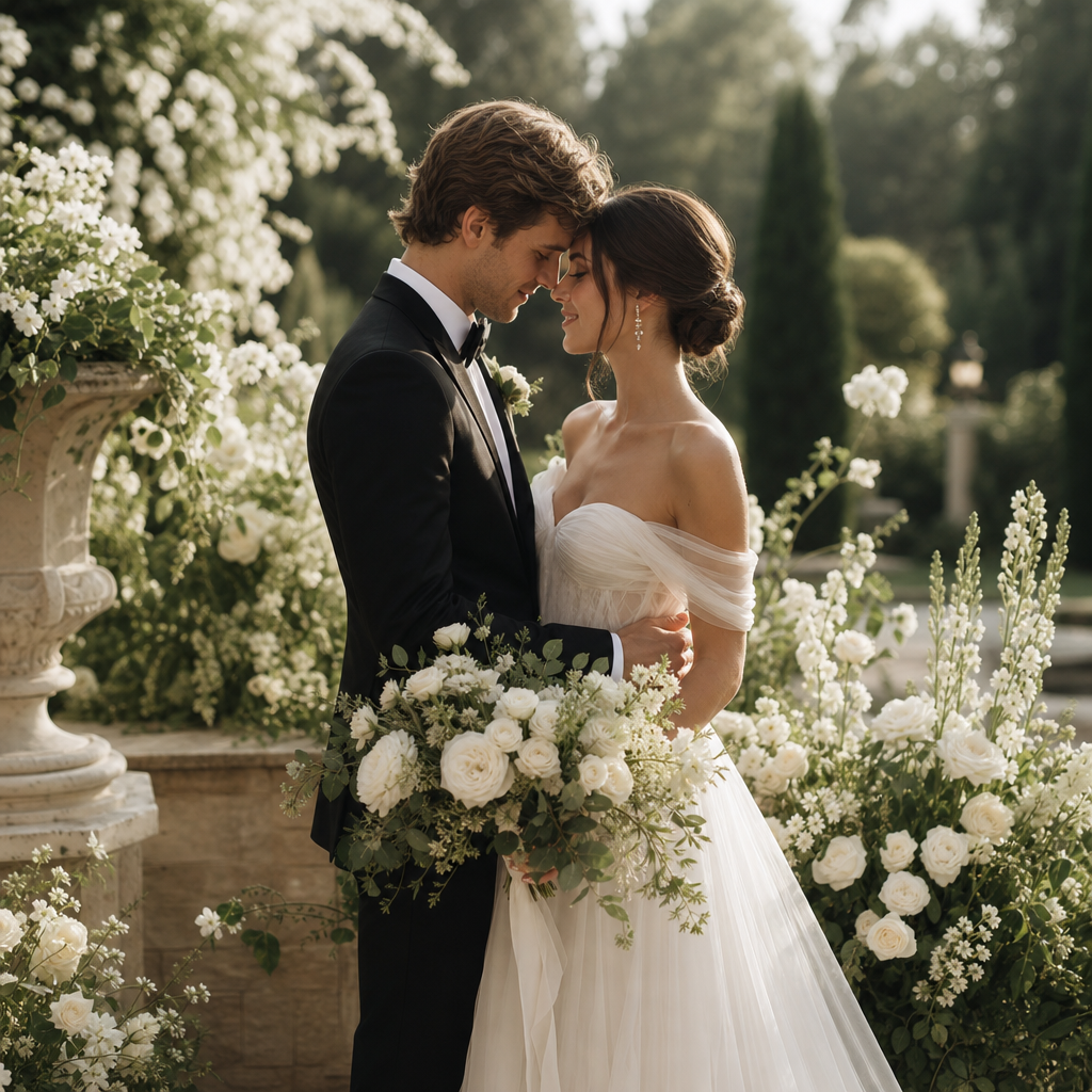 Outdoor wedding couple in a lush garden, soft afternoon light and ivory florals