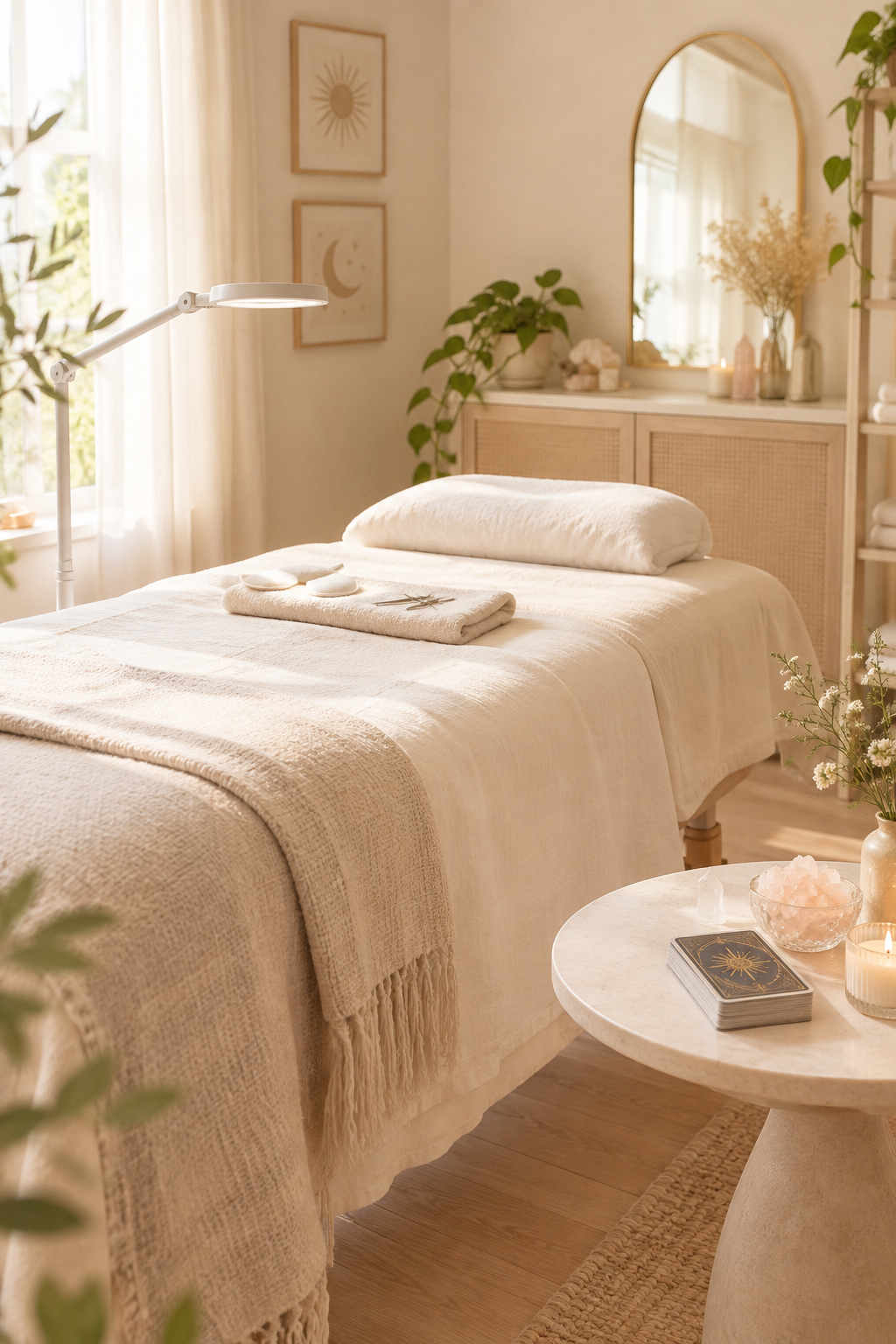 Soft, airy beauty-and-wellness studio scene with a lash bed, warm daylight, and subtle spiritual decor accents