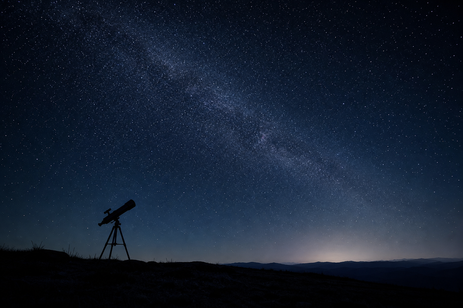 Realistic deep night sky filled with visible stars and a subtle telescope silhouette near the horizon
