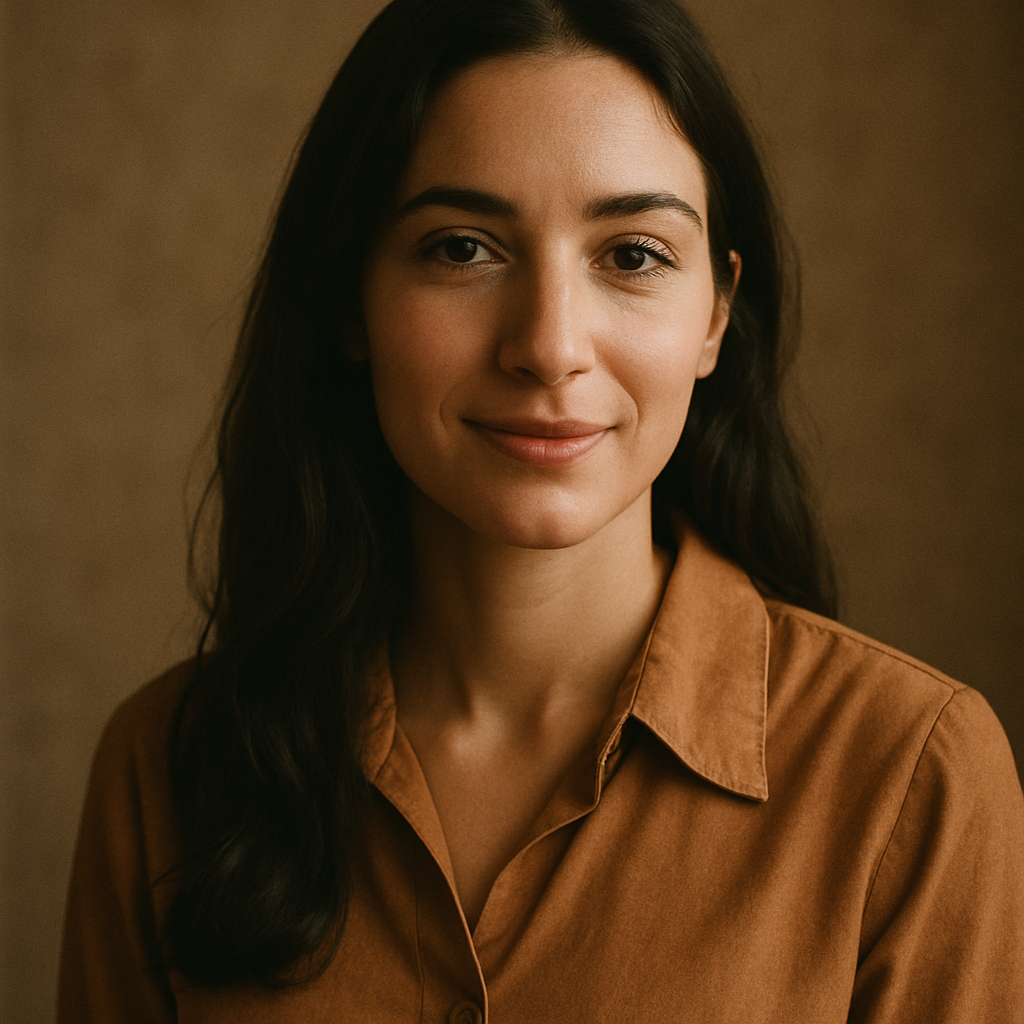 Portrait of a stylish woman with a warm smile wearing a caramel blouse