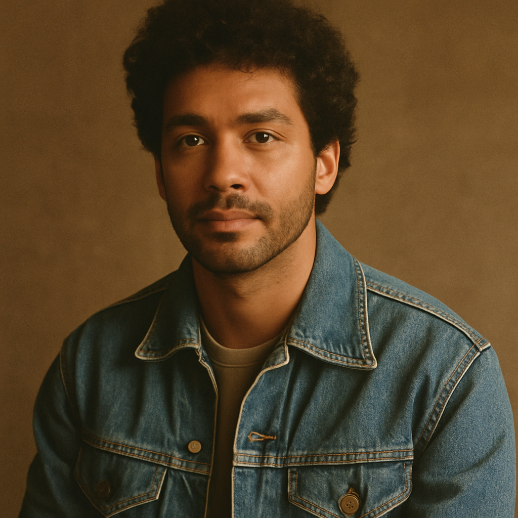 Portrait of a man with curly hair wearing a vintage denim jacket