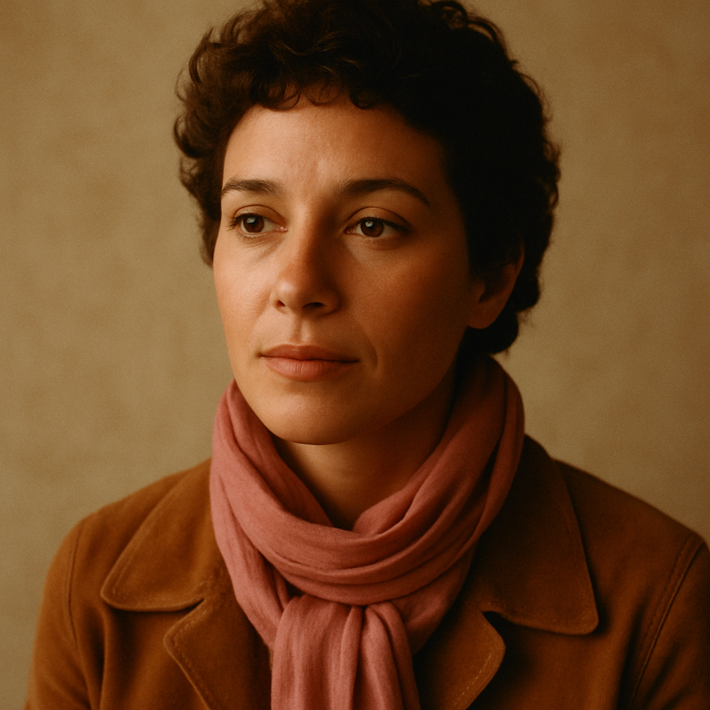 Portrait of a woman with short curls wearing a faded rose scarf
