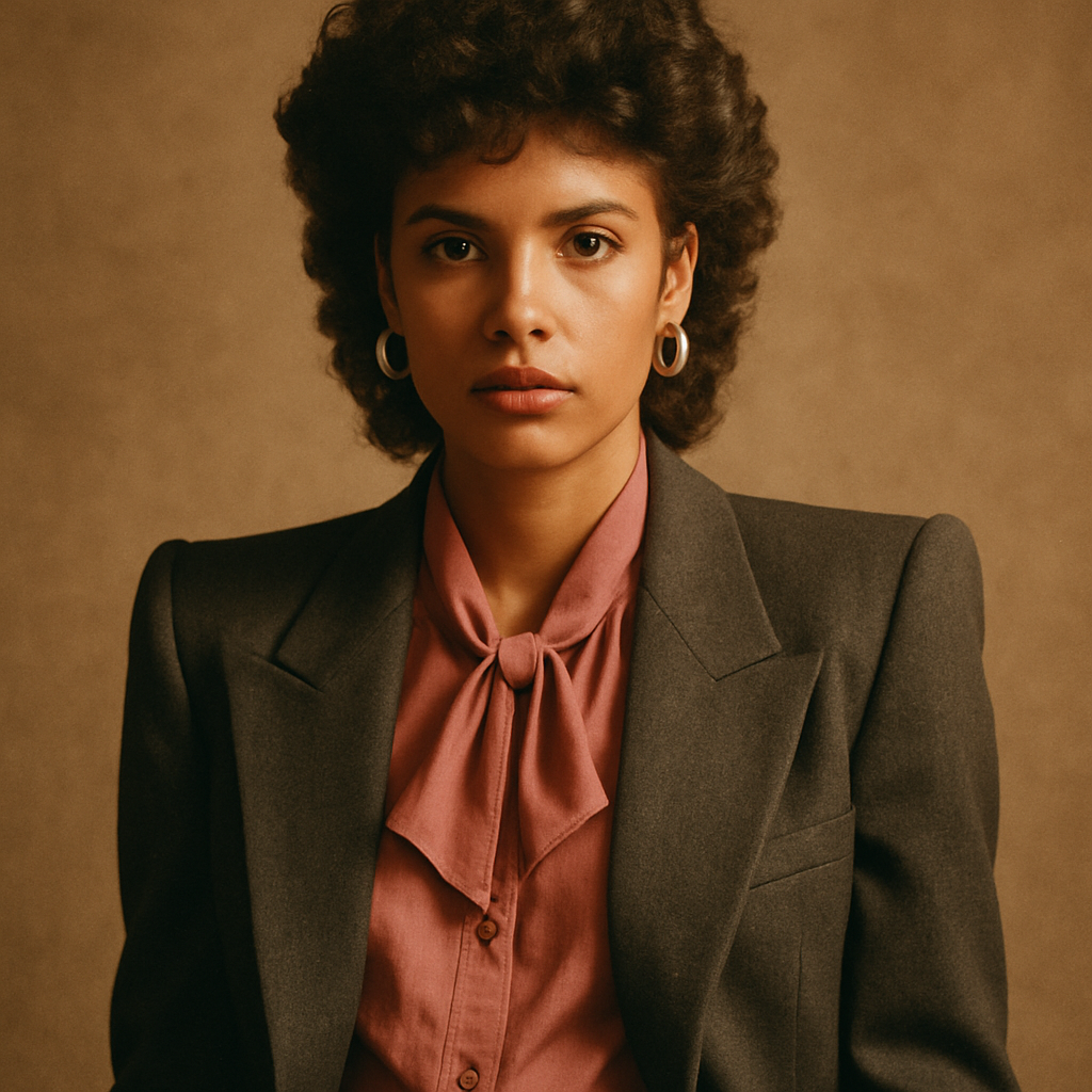 Model in a structured charcoal blazer with bold shoulders and a faded rose blouse, styled in an 1980s editorial setting