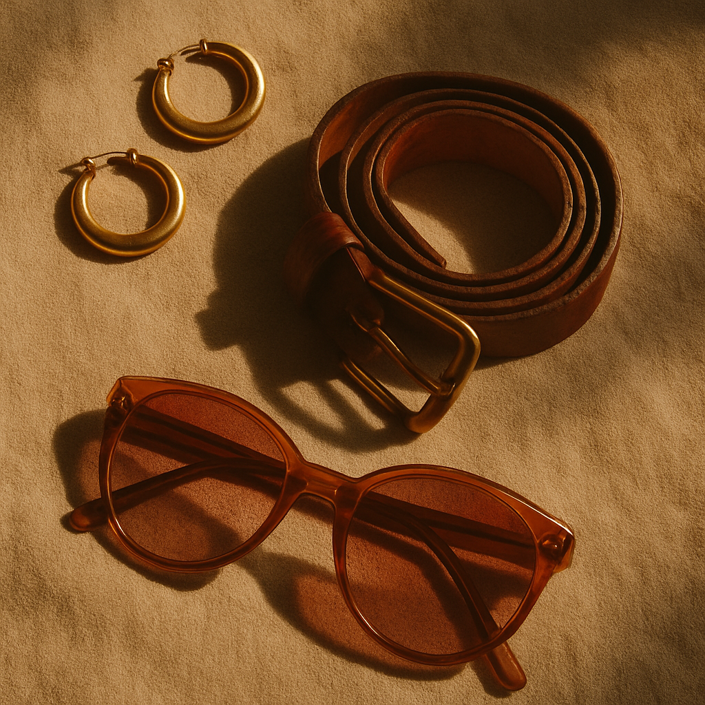 Flat lay of vintage gold hoop earrings, leather belt, and rose-toned sunglasses on textured fabric