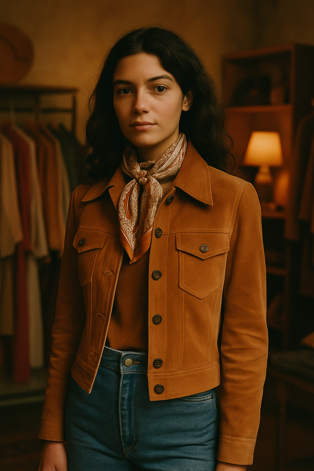 Model in a caramel suede jacket with high-waisted denim and a silk scarf, photographed in warm film lighting
