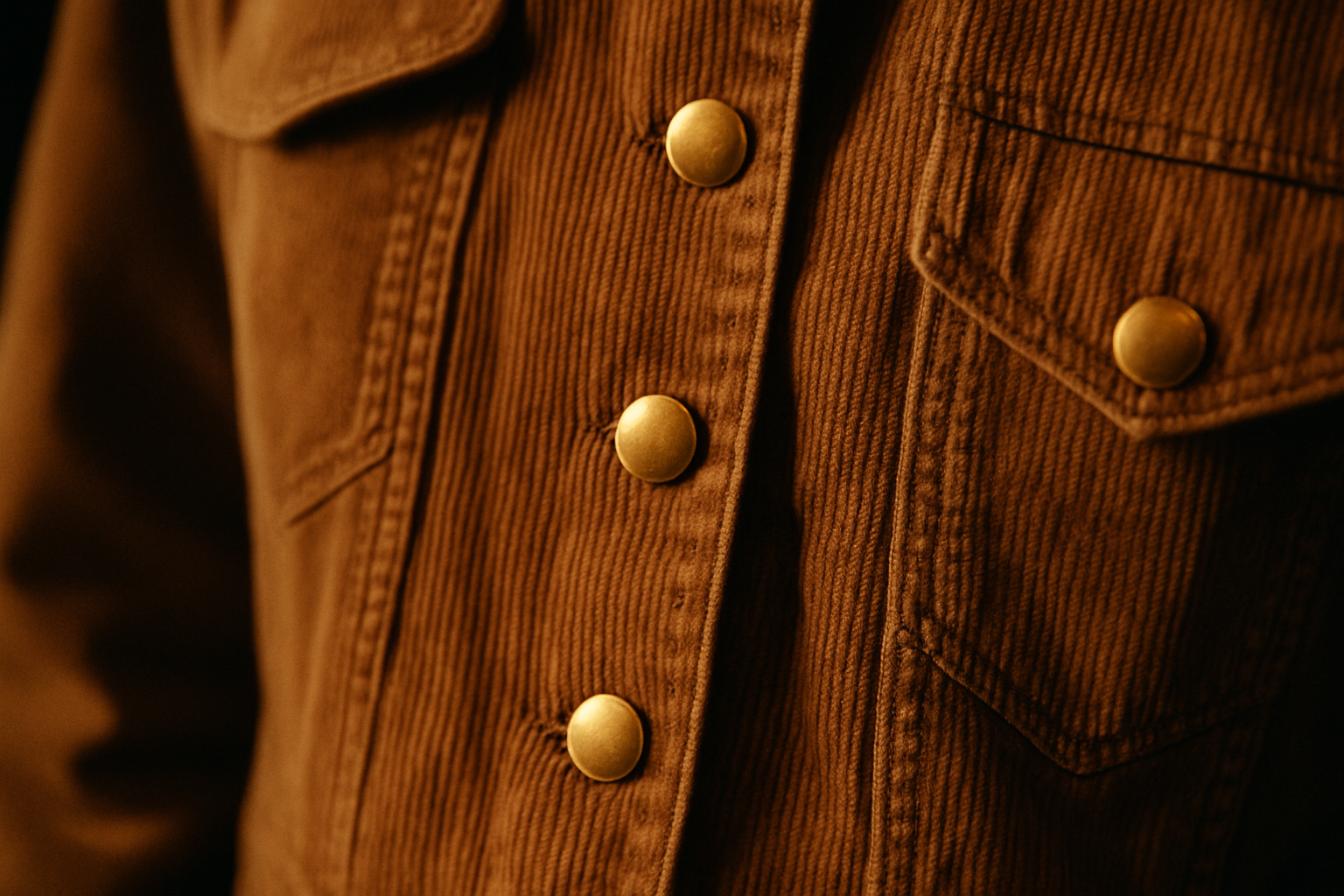 Close-up analog photo of a vintage 1980s jacket detail with brass buttons and textured fabric in warm light