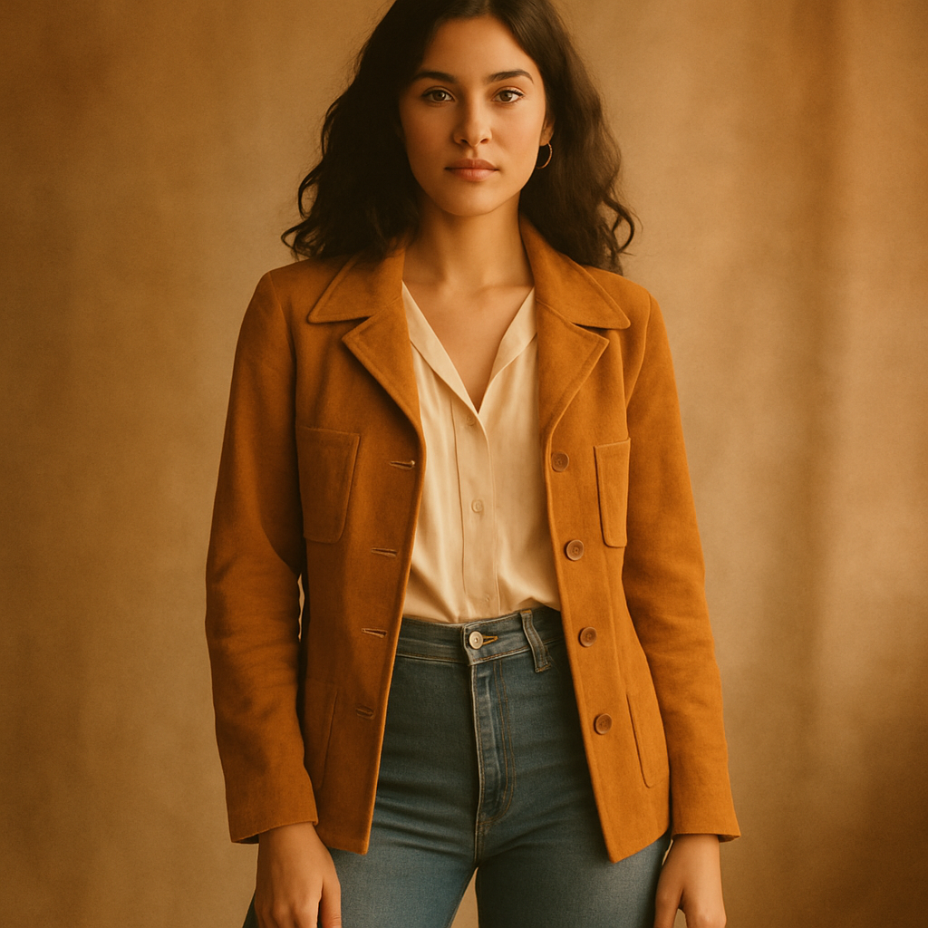 Model wearing a warm ochre suede jacket and high-waist denim in a softly lit 1970s-inspired studio